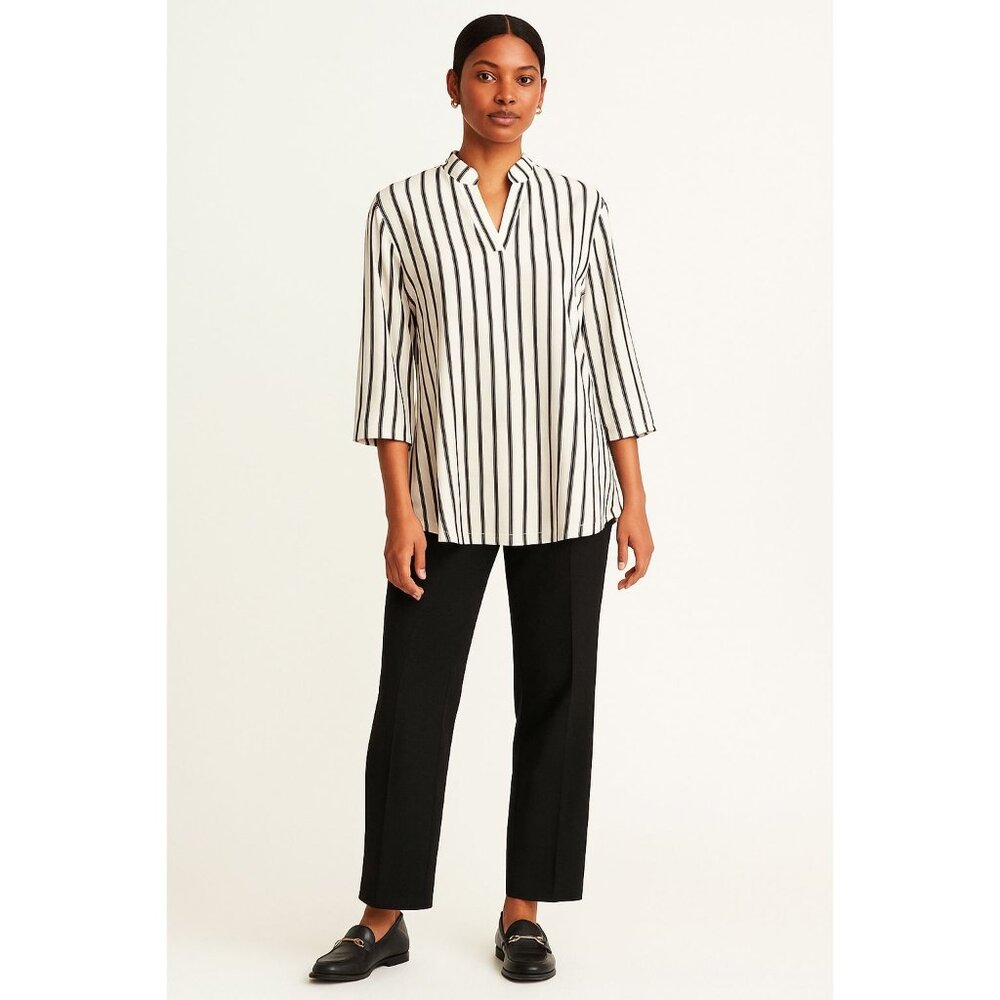 Baishenggt Striped Tunic Top  M Black White V Neck 3/4 Sleeve Blouse Office